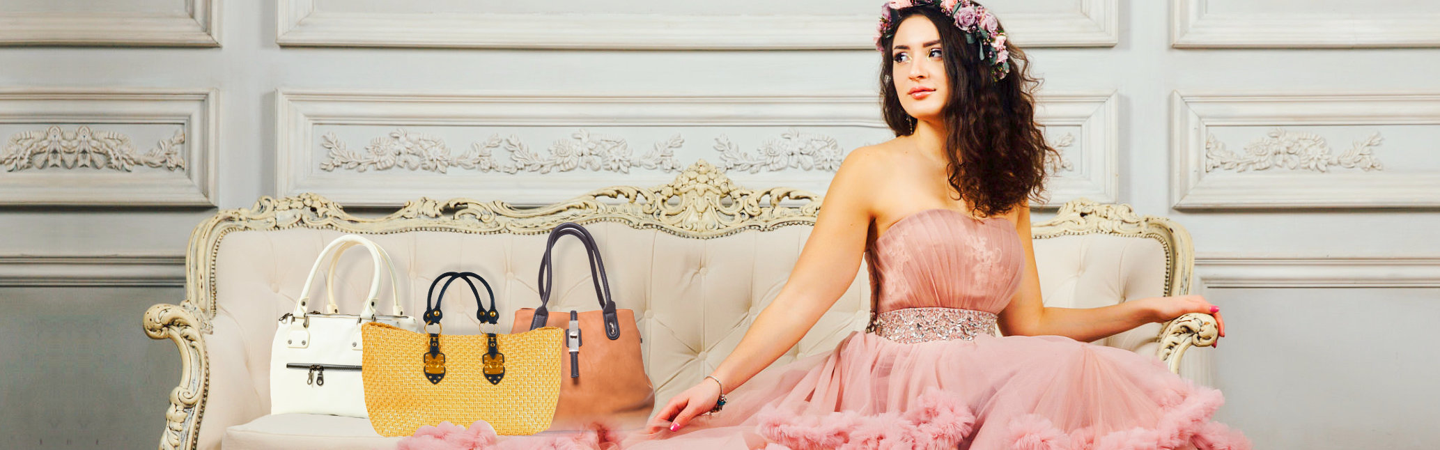 beautiful woman sitting with bags